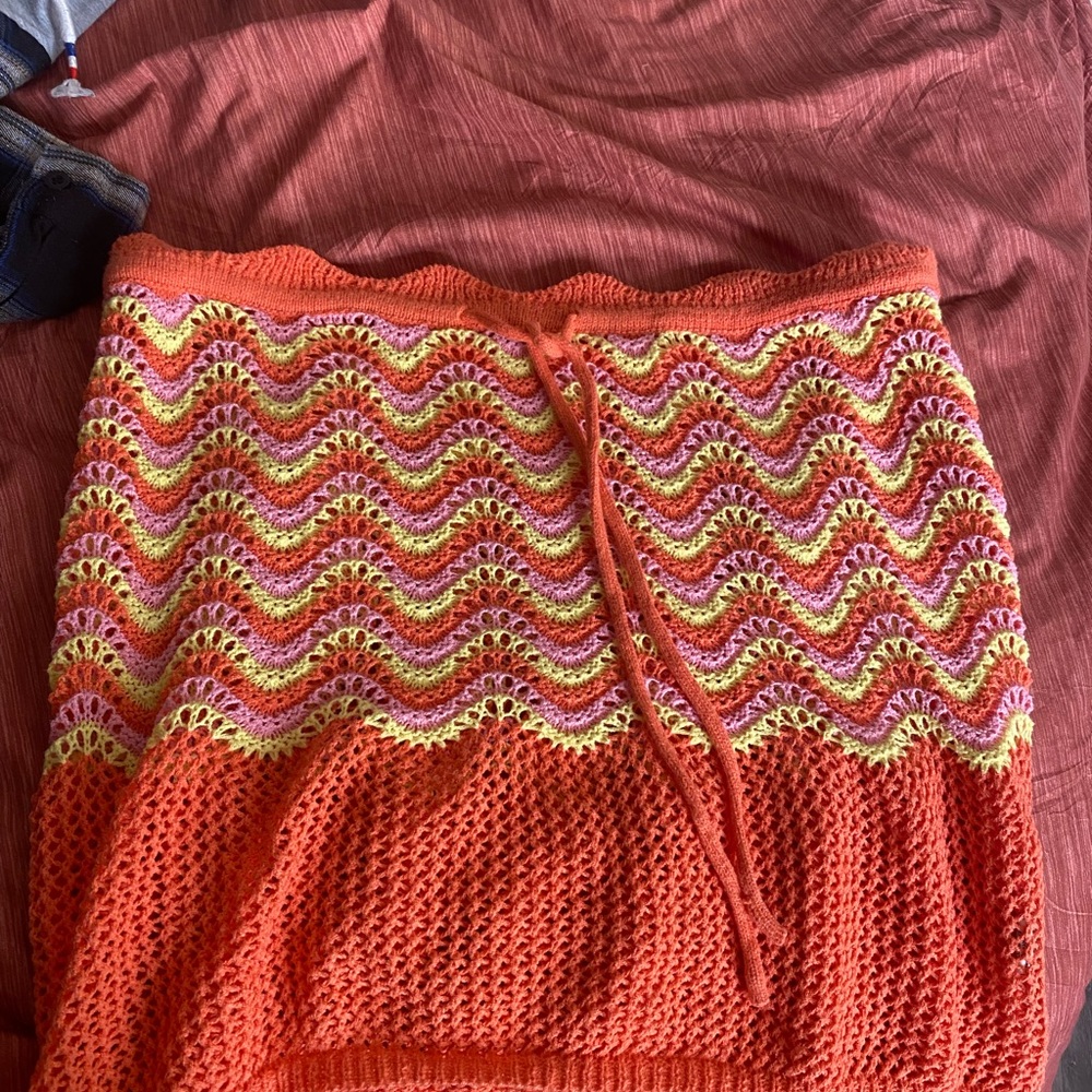 SHEIN Orange Crochet Wave Swim Coverup Skirt with Pink and Yellow Accents